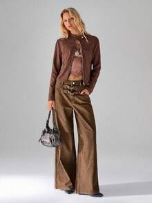 TRNVIE Jeans anchos de mujer con lavado vintage casual - Marrón - Ver 1