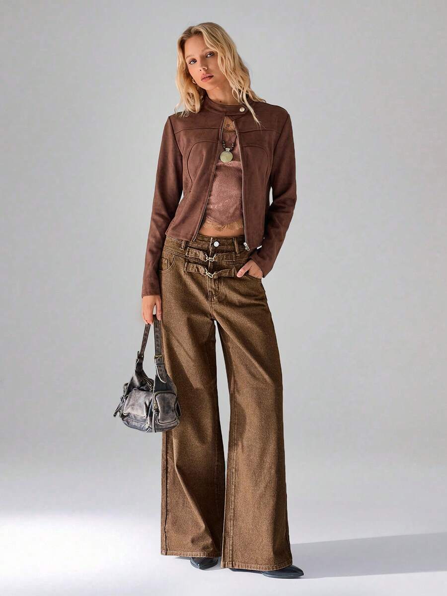 TRNVIE Jeans anchos de mujer con lavado vintage casual - Marrón - Ver 1
