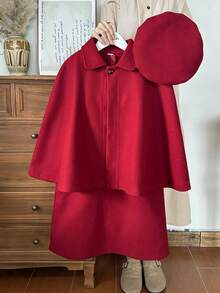 Vintaside Kids Girls' Autumn/Winter Lapel Fashionable Versatile Shawl Paired With Round Neck Sleeveless Stylish Dress Set, Suitable For Attending Friend Gatherings, Parties, Birthday Parties, School Performances