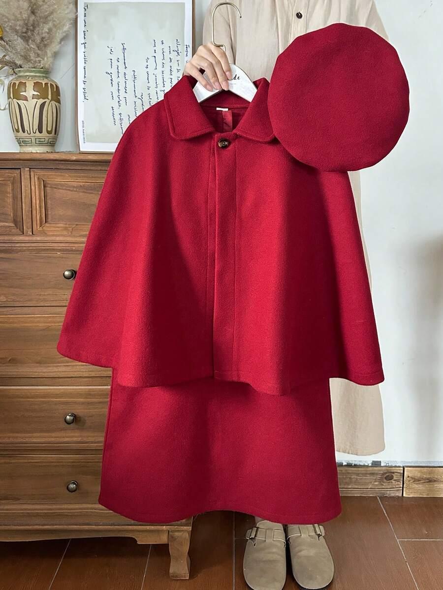 Vintaside Kids Girls' Autumn/Winter Lapel Fashionable Versatile Shawl Paired With Round Neck Sleeveless Stylish Dress Set, Suitable For Attending Friend Gatherings, Parties, Birthday Parties, School Performances