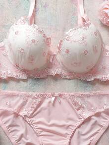 FloralLove 2pcs Embroidered Floral Underwire Padded Push Up Comfy Balconette Bra Set, Cute, Fresh, Romantic, Butterfly Decor Babydoll Lingerie Set For Women Floral Lingerie Set - Pink - View 1