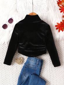 黑色立领褶皱基本款黑色天鹅绒T恤，适合秋冬季日常休闲穿着和上学日穿着 - 黑色 - 查看 2