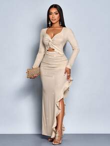 SOLERSUN 秋冬女士派对礼服银色亮片针织面料杏色长袖方领腰部镂空荷叶边臀部聚拢侧开衩荷叶边长裙 - 杏色 - 查看 5