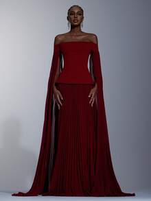 Elitara Elegant, Simple, And Stylish Burgundy, This Dress Features A Stretch Knit And Flowing Chiffon Design With Pleats, Off-The-Shoulder Neckline, Flowing Sleeves, A Full A-Line Silhouette, And A Train. Suitable For Formal Occasions, Weddings, Holidays, And Evening Gowns. - Burgundy - View 5