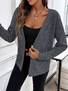 EMERY ROSE Cárdigan casual y cómodo con patrón de diamante hueco para mujeres - Gris - Ver 6