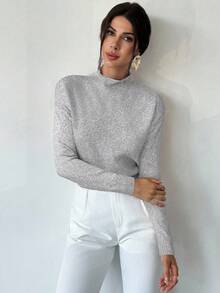 Firerie Áo len nữ thanh lịch, thoải mái, cổ cao, tay dài, nhiều màu sắc, dáng rộng, đa năng, thích hợp mặc đi làm, mùa thu, đông, kiểu áo dễ phối đồ, phù hợp cho giáo viên. - Màu Xám nhạt - Xem 5