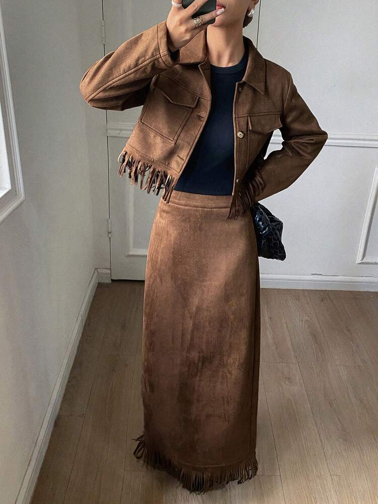 Women's Autumn/Winter Suede Fringe Jacket And Long Straight Skirt Two Pieces Vacation Style Casual Set