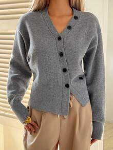 DAZY Cárdigan de mujer con cuello en V, decoración de botones y cintura ceñida, suéter de punto casual - Gris - Ver 2