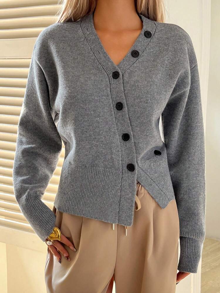 Women's V-Neck Button Decor Waist Cinched Cardigan, Casual Knit Sweater