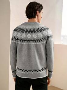 RONVEXI Men's Grey Autumn Smart Casual Fair Isle Snowflake Pattern Sweater,Retro Loose Fit Icelandic Noble Sweater For Vacation Gift For Boyfriend Husband - Multicolor - View 4
