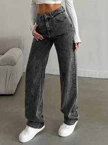 EURMUSE 100%Cotton Straight Leg Jeans Snow Wash - Dark Grey - View 6