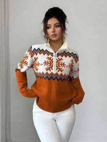 SHEIN Elenzya 优雅女士费尔岛图案拼色拉链毛衣，圣诞节设计，秋冬 - 鏽棕色 - 查看 4