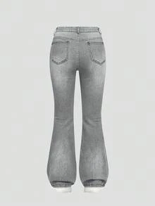 SHEIN Explorewe Y2K Fashion Versatile Distressed Elastic Flare Jeans For Teenage Girls - Light Grey - View 2