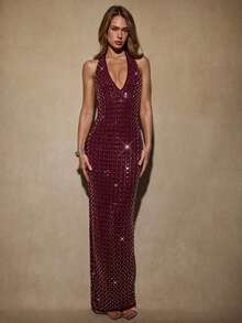 SHEIN BAE 秋冬夜总会派对鸡尾酒宴会服装，纯色酒红色/勃艮第酒红色、梅紫色露背系带 V 领紧身水钻点缀闪亮迷人性感女式连衣裙，适合鸡尾酒会、夜总会、正式宴会、节日派对、万圣节、圣诞节 - 酒紅色 - 查看 4