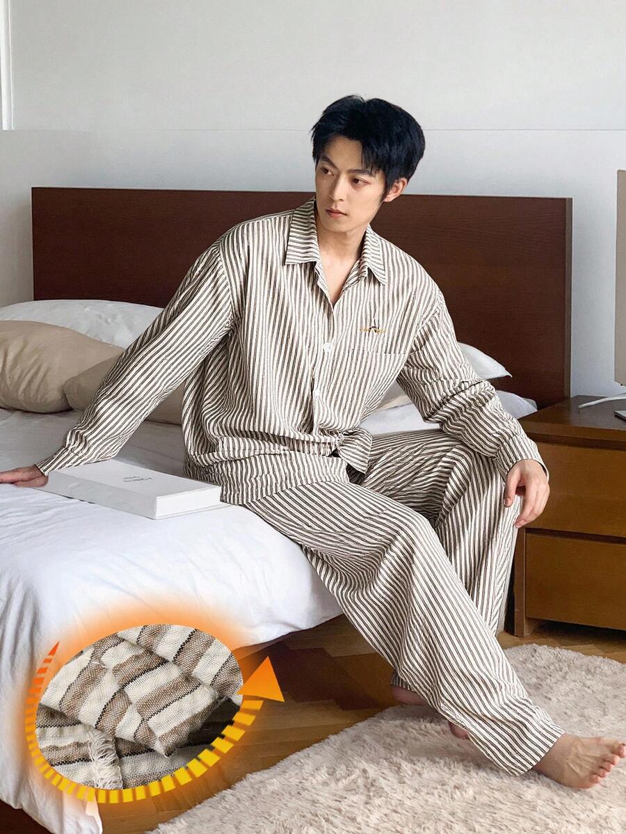 DAZY Men's Autumn Letter Embroidered Shirt And Striped Apricot Loungewear Set, Fall & Winter Clothes