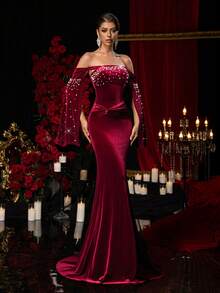 Glamrae Women's Burgundy Luxury Velvet Dress,Handcrafted Pearl Embellishments,Off-The-Shoulder Long Open Sleeves,Fishtail Hem With Train Evening Gown,Party - Burgundy - View 6