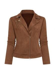 Velvienne Plus Size Women Suede Lapel Zip-Up Casual Motorcycle Jacket - Brown - View 5
