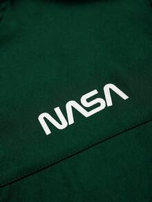 Manfinity Homme 大码男式字母印花长袖拉链前口袋抽绳连帽夹克 - 墨綠色 - 查看 5