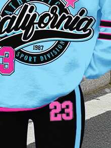 SHEIN Leap Crew Bộ trang phục hai mảnh cổ tròn in họa tiết chữ và số cổ điển thường ngày cho bé gái tuổi teen, phong cách thể thao đại học, trở lại trường, thời trang, mùa thu - Nhiều màu - Xem 5