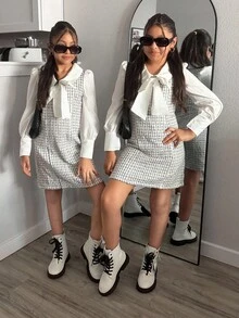 SHEIN فستان أنيق للفتيات المراهقات مع ياقة وأكمام منتفخة، بتصميم ألوان متباينة وقماش صوفي مربع النقشة، مناسب للارتداء اليومي - أبيض - مشاهدة 4