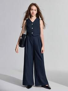 Ontre 青少年女孩纯色V领纽扣前休闲背心和裤子两件套 - 藏蓝色 - 查看 4