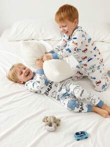 2pcs/Set Young Boy Cartoon Car Print Long Sleeve Tee And Pants Casual Loungewear Set, Spring/Autumn - White - View 1