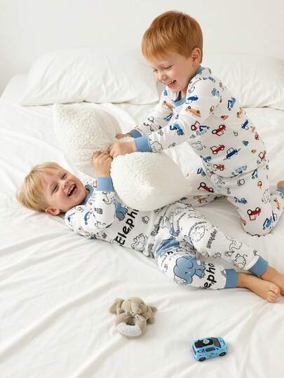 2 件套年轻男孩卡通汽车印花长袖 T 恤和裤子休闲家居服套装，春秋