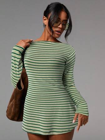 Athîral Women's Striped Pattern Boat Neck Fitted Long Sleeve Mini Dress