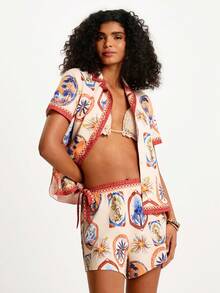 CAJUNI 女士休闲度假米色短袖印花衬衫 - 约会装 - 海滩 - 彩色 - 查看 11