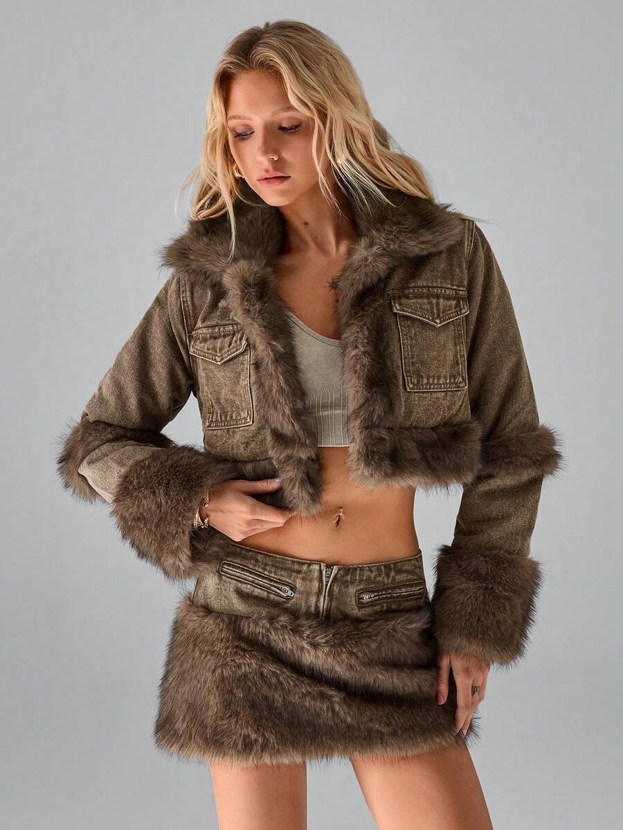 TRNVIE Women's Casual Fuzzy Trim Denim Jacket - Brown - View 1