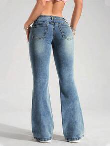 SHEIN ICON Jeans de pierna acampanada y delgada con bolsillo de color contrastante para mujer - Azul - Ver 2