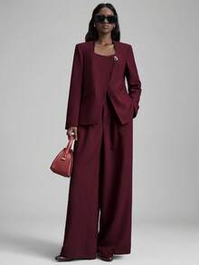 Ontre 女士酒红色舒适高品质面料圆领前开襟别致领口金属纽扣装饰肩部长袖宽松版型百搭服装，新款时尚都市休闲商务通勤办公服，低调优雅高品质机场外套 - 酒紅色 - 查看 4