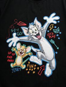 TOM & JERRY X SHEIN 男士休闲字母和卡通图案圆领短袖T恤，夏季 - 黑色 - 查看 5