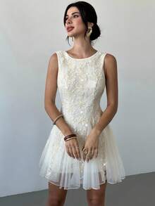 Firerie Women's Floral Textured Round Neck Sleeveless Elegant Contrast Mesh Dress,Mother's Day,Patchwork Tulle Dress, Princess Dress, Birthday Dress, Party Dress, Wedding Season, White Dress Embroidered Dress,Graduation,Prom,Country,Summer Dresses For Women - Apricot - View 8