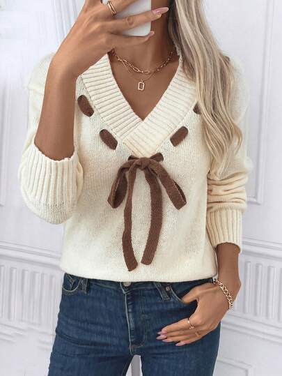 Louniche Jersey de punto de mujer con contraste de color, suéter de manga larga