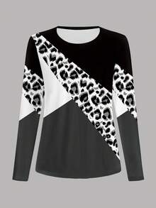SHEIN LUNE Blusa con bloques de color y estampado de leopardo, camiseta casual cómoda y colorida adecuada para uso al aire libre - Multicolor - Ver 6
