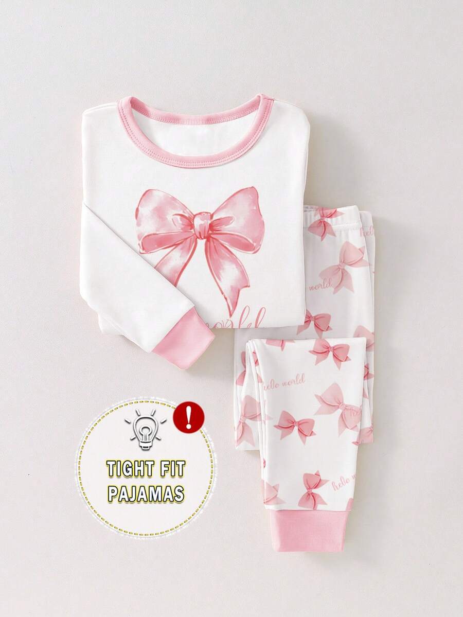 1set Young Girls Butterfly & Letter Print Snug Fit Pajama Set, Long Sleeve Top And Pants, Pink, Autumn/Winter Bow Pajamas Toddler Sleepwear Pj Sets For Girls Bow Pjs  Snug Fit Tight Fit Pajamas - White - View 1