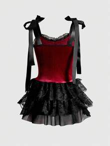 ROMWE Goth 哥特式复古宫廷风格撞色蕾丝花边十字架吊带心形图案天鹅绒吊带背心系带连衣裙女 - 黑色 - 查看 2