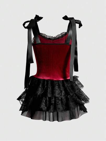 Goth Gothic Retro Palace Style Contrast Color Lace Trim Cross Pendant Heart Pattern Velvet Camisole Tie Strap Dress For Women