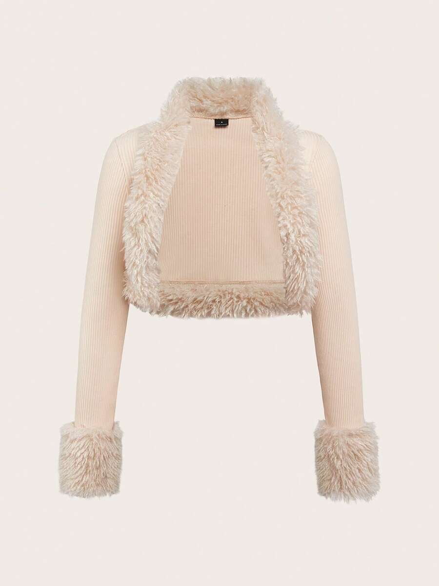 SHEIN ICON Solid Fuzzy Trim Open Front Crop Fall Clothes Women Jacket - Apricot - View 1