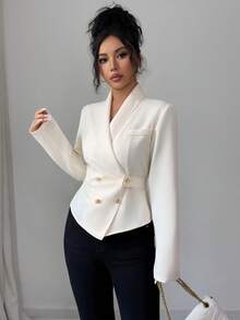 Elenzga Damen elegante asymmetrische Saum figurbetonte kurze Bluse mit Kreuzausschnitt, geeignet für den Arbeitsweg, Urlaub, Nachmittagstee - Aprikosenfarben - Übersicht 6