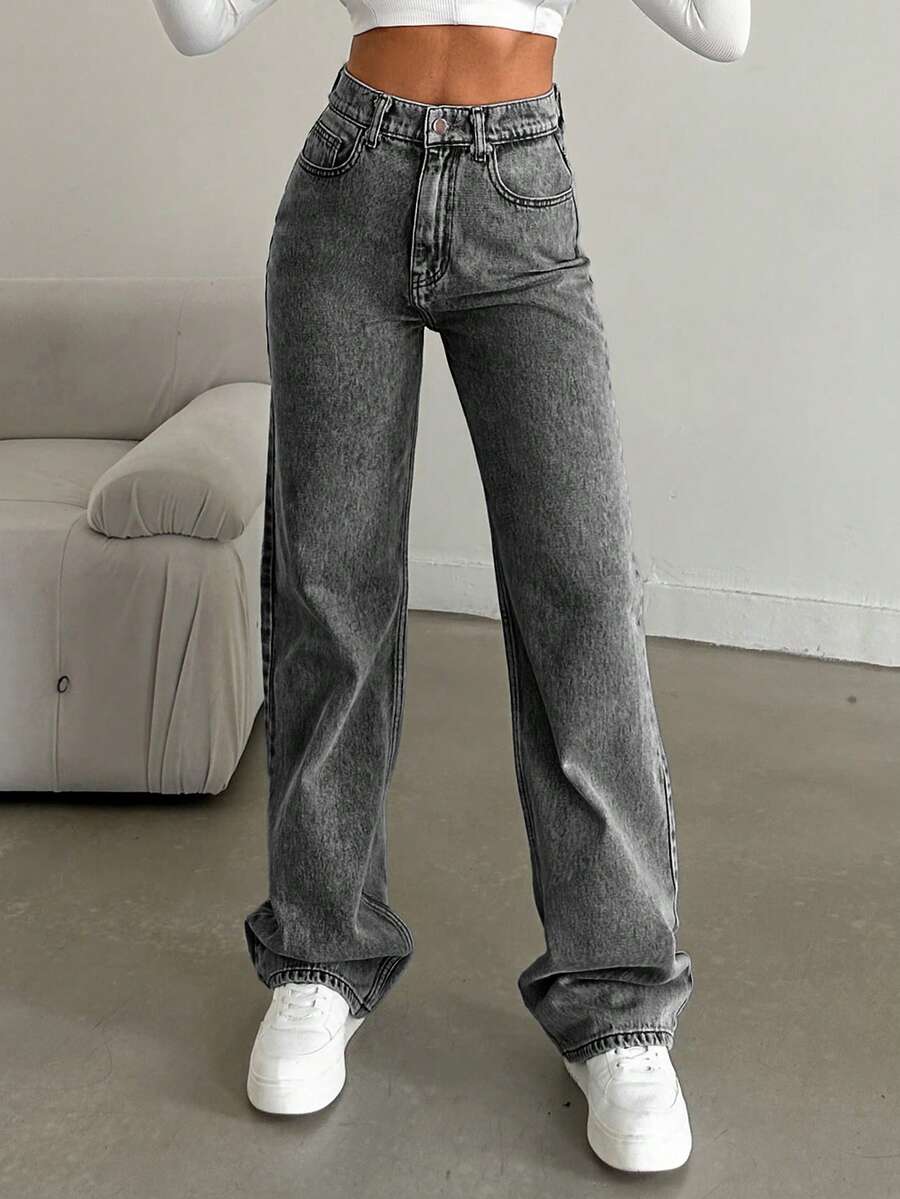 EURMUSE 100%Cotton Straight Leg Jeans Snow Wash - Dark Grey - View 1