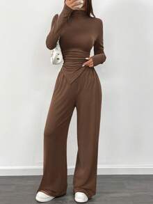 Almamuse 2pcs/Set Asymmetric Ruched Hem Long Sleeve T-Shirt And Wide Leg Pants - Brown - View 4