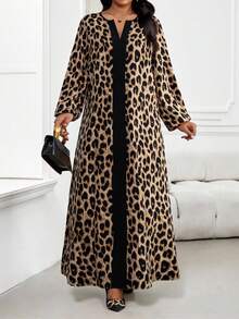 SHEIN Lady CURVE 大码V领长灯笼袖宽松时尚豹纹连衣裙 - 彩色 - 查看 1