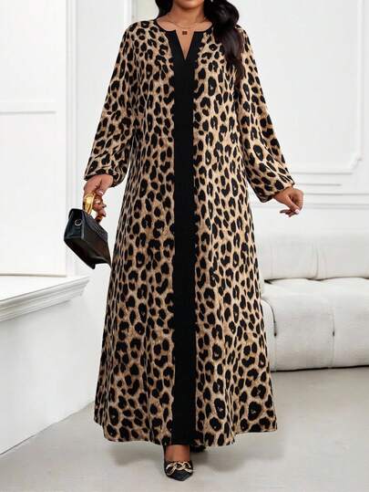 SHEIN Lady CURVE Autumn And Winter Plus Size Woven Brown Leopard Print Round Neck Black Color Blocking Design Loose Plus Size Robe Plus Size Dress Winter Clothes For Women Women Dresses Autumn Winter Christmas Dress Christmas Clothes For Women Elegant Dresses For Women  Leopard Print