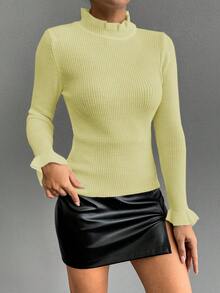 EURMUSE Women's Casual Solid Color Ruffle Hem Ribbed Knit Sweater, Autumn/Winter - Pale Yellow - View 5