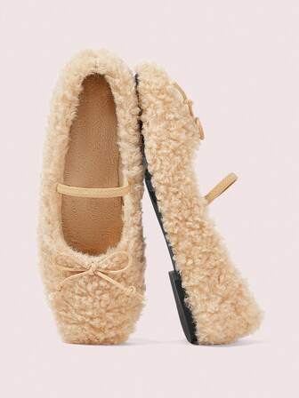 CUCCOO DOLLMOD Women's Apricot Mary Jane Flats, Warm & Comfortable Casual Slip-On Ballet Loafers For Commuting, School, Dating, Versatile For Christmas