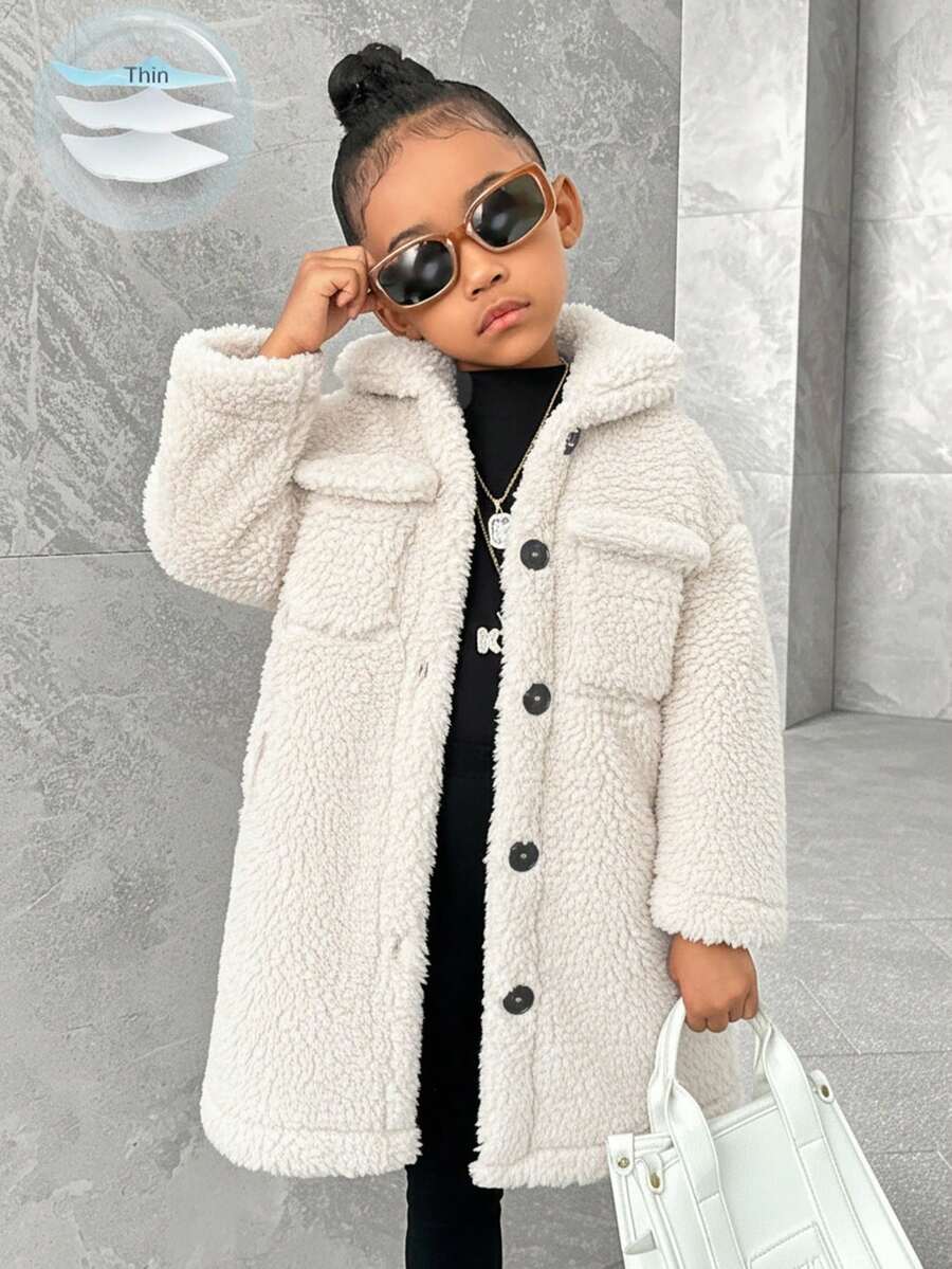 SHEIN Áo khoác dài tay ve lửng bằng vải nỉ san hô thường ngày cho bé gái, thích hợp cho mùa đông - trắng - Xem 1