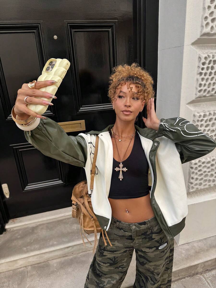 StreetHx New Street Style Autumn/Winter Chic Patchwork Faux PU Jacket For Women - Army Green - View 1