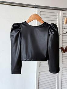 SHEIN Elladie kids Chaqueta corta con cremallera, de cuello redondo y manga raglán, de unicolor, de moda para niñas jóvenes - Negro - Ver 2